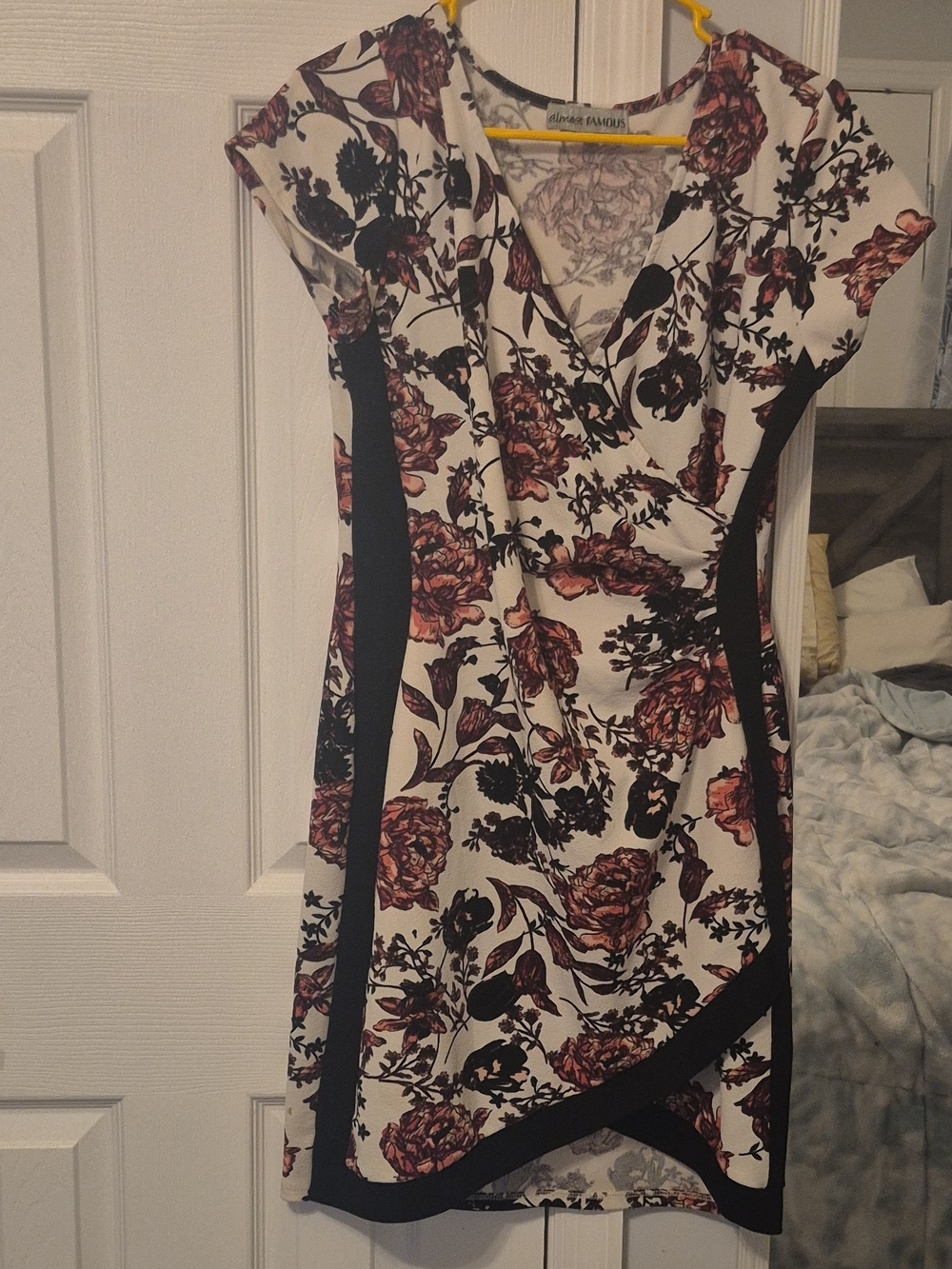 Almost Famous White Mini Dress with Rose Floral Print and Black Trim